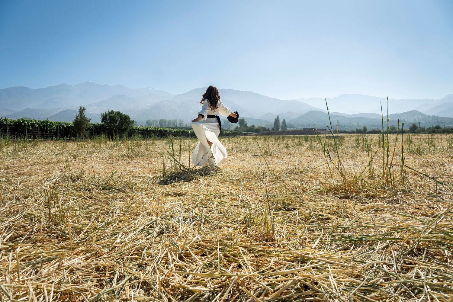 Clienta corriendo en un campo dorado con la cordillera de fondo en Chile